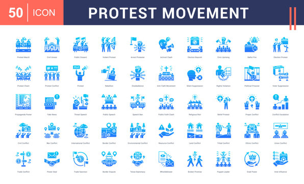 Protest Movement Icon Set. protest march, civil unrest, public dissent, violent protest, arrest protester and more. Glyph Gradient vector icons collection.