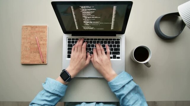 Woman hands coding html and programming on screen Blockchain crypto developer and binary program code concept hands coding and programming on laptop.