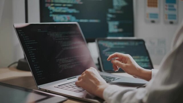 software developer hands typing data coding programming javascript with laptop computer designing artificial intelligence project in office background