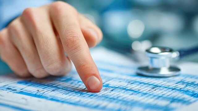 Medical Diagnosis: A close-up shot of a healthcare professional's finger pointing at important data. It evokes a feeling of expertise and attentiveness.