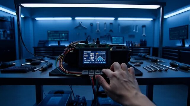 Close up of technician adjusting electronic device.