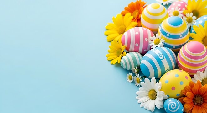 Vibrant easter day celebration with colorful eggs and flowers on a light blue background