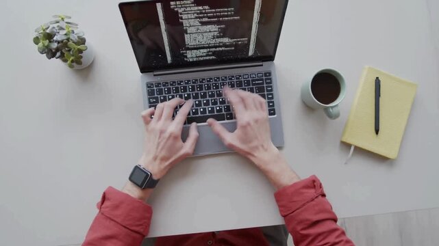 laptop keyboard. connecting with AI Program Coding screen on Computer Screen Optimizing AI. Using internet in web office. and table lamp in background