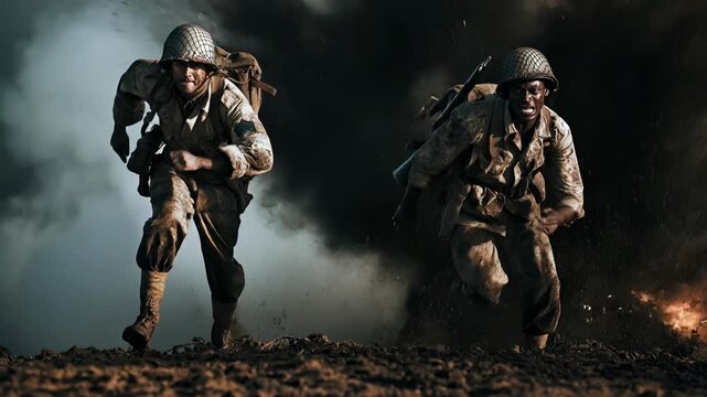 Two infantry soldiers sprint through thick battlefield smoke with rifles in hands capturing urgency danger determination and relentless motion during intense frontline combat