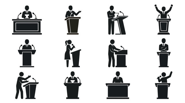 Collection of black silhouette icons showing various speakers and presenters standing at a podium with microphones, symbolizing professional public speaking or corporate leadership training