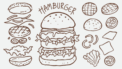 Hand draw hamburger doodles elements on white background . Vector illustration of fast food icons in naive art style. decoration clip art for poster template, menu, cafe, shop, branding fast food.