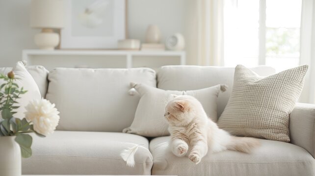 Persian cat playfully chasing a feather toy in a chic living room, with contemporary furniture and stylish accents.