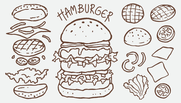 Hand draw hamburger doodles elements on white background . Vector illustration of fast food icons in naive art style. decoration clip art for poster template, menu, cafe, shop, branding fast food.