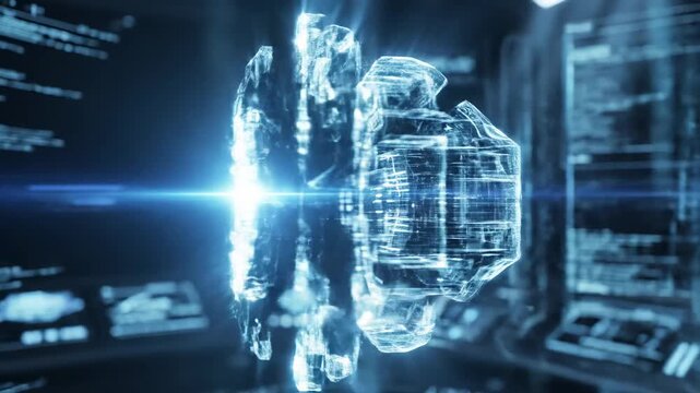 Futuristic Sci Fi Holographic Interface Displaying Complex Data Streams With Blue Light Beams In A Dark Command Center