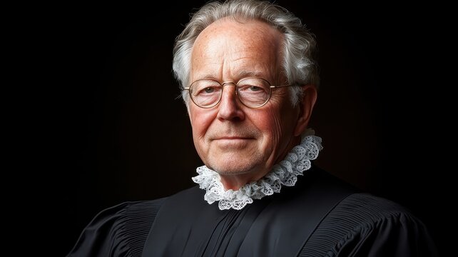 Close-up of wise judge with lace jabot.