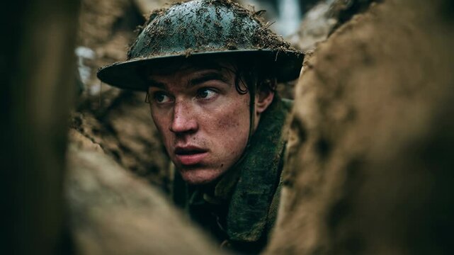 Close view of young infantry soldier inside muddy trench with anxious expression listening carefully during tense frontline moment with cinematic realism during frontline warfare