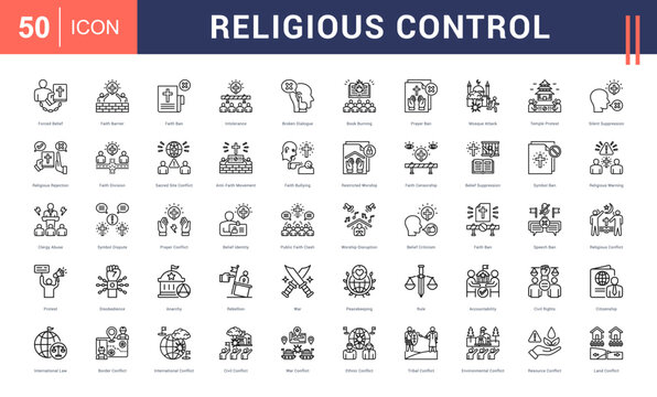 Religious Control Icon Set. forced belief, faith barrier, faith ban, intolerance, broken dialogue and more. Line vector icons collection.