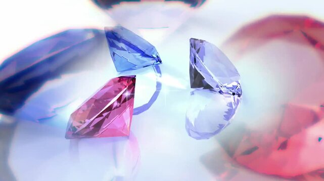 Closeup of sparkling colorful gemstones reflecting light on a white surface creating a mesmerizing display of brilliance and luxury.
