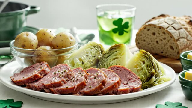 Traditional Irish Corned Beef and Cabbage Dinner With Potatoes and Bread, Festive St. Patrick's Day Meal