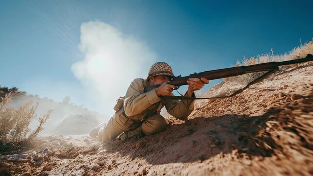 Infantry soldier lying prone on sandy battlefield aiming rifle carefully toward distant target with intense focus with cinematic realism during frontline warfare
