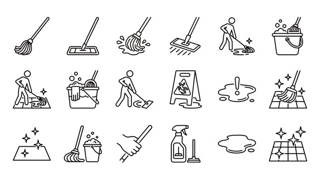 Set of professional floor cleaning and mopping line icons featuring buckets, wet floor signs and janitorial staff, symbolizing sanitary maintenance service and household hygiene management
