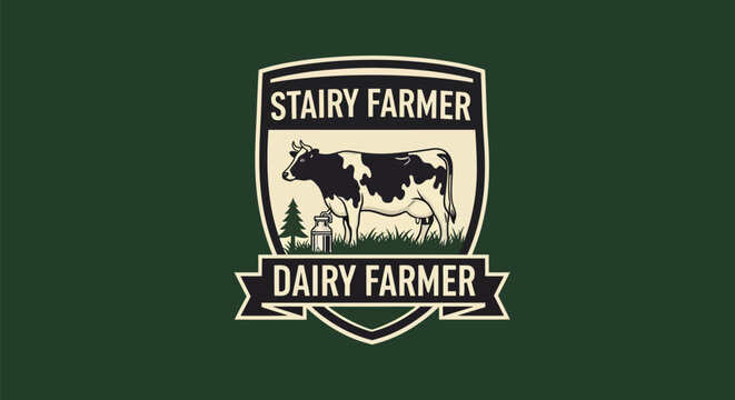 Dairy Farmer Logo with Holstein Cow and Farm Elements.
