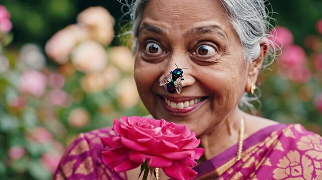 Elderly Indian woman smells rose.