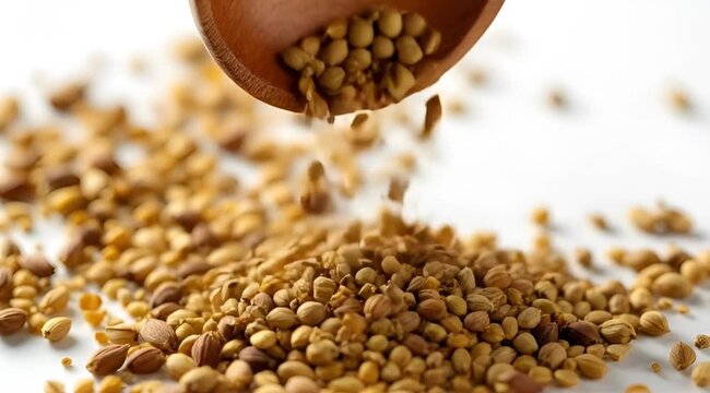Fenugreek seeds pouring into wooden spoon
