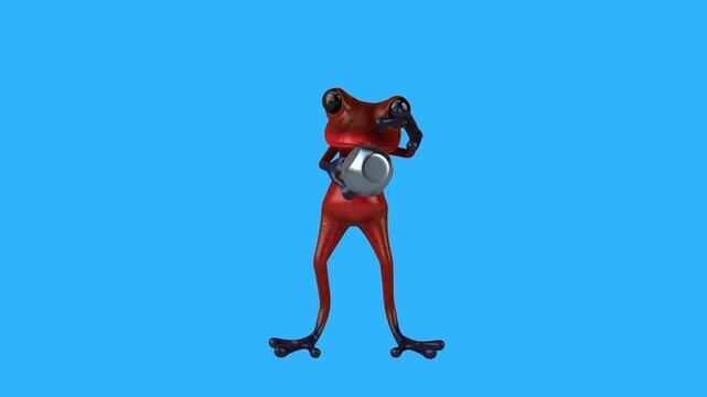 Conceptual 3D animation of a cartoon frog lifting a kettlebell
