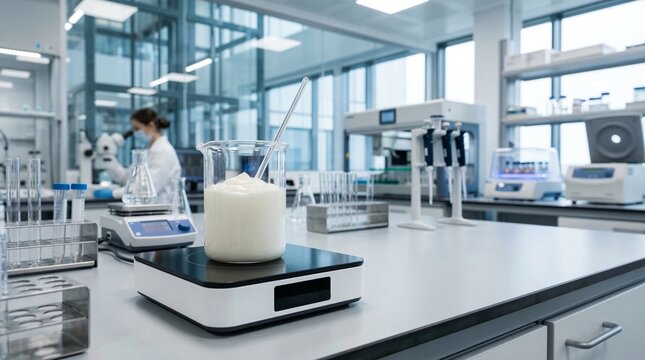 A scientist works in a modern laboratory with beakers test tubes and equipment