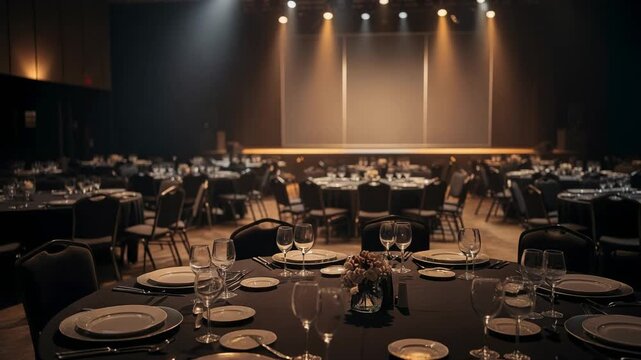 Elegant banquet hall with round tables set for a formal dinner event and stage lighting ambiance