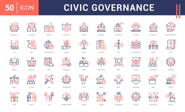 Civic Governance Icon Set. organization, civil rights, electoral, aristocracy, political and more. Line Dual Tone vector icons collection.