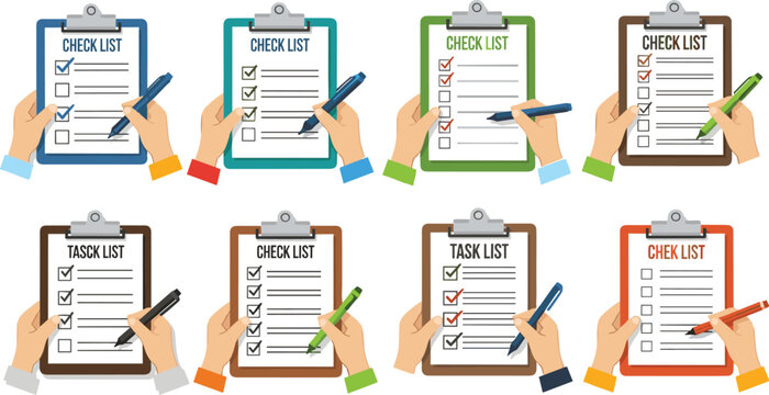 Checklist clipboards with hands marking task lists planning and productivity vector illustration set