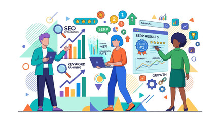 Fototapeta premium Flat vector illustration of three unique stylized characters collaborating to optimize search engine results
