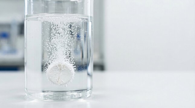 Effervescent tablet dissolving in a clear glass of water releasing many small bubbles