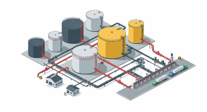 Industrial isometric pipeline system with storage tanks and machinery.