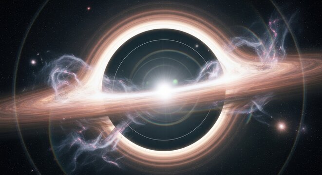 Stunning artistic representation of a black hole in deep space, accretion disk glowing with energy, gravitational pull, celestial phenomenon