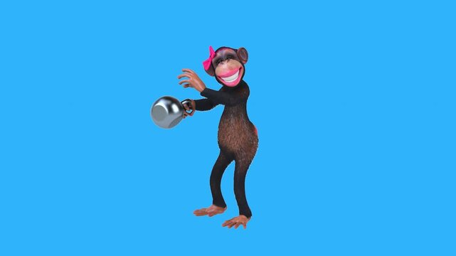 Conceptual 3D animation of a cartoon monkey lifting a kettlebell