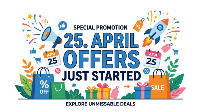 April Offers Banner with Shopping Elements and Rocket