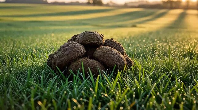 Close up motion footage capturing rich brown horse manure decomposing naturally upon dewy morning meadow grass