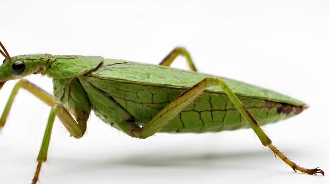Green grasshopper insect closeup profile.