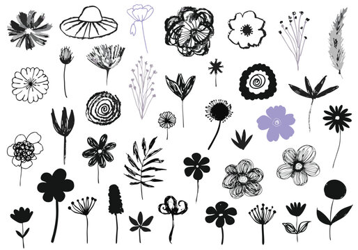 Numerous small floral doodles and botanical sketches including black silhouettes and fine line-art drawings are distributed randomly across a white background.