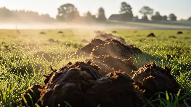 Close-up of rich, dark earth mounds slowly appearing in a vibrant green field during a misty sunrise, revealing ongoing cultivation motion.
