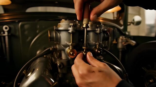Hands working on old engine.