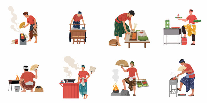 Collection of flat vector illustrations depicting Indonesian street food vendors preparing and selling traditional satay in various local costumes and settings.