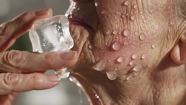 A woman glides a clear ice cube across her jawline to refresh and tone her skin.