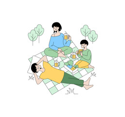 Obraz premium Family Picnic Enjoying Drinks and Snacks Vector Illustration