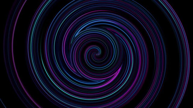 Hypnotic neon spiral lines rotating background. Abstract rotating neon spiral of blue and purple lines swirling on a black background