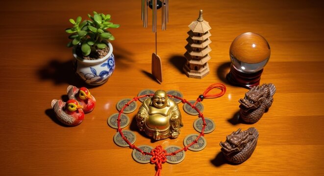 Collection of feng shui items including golden laughing buddha red string coins jade plant pagoda and crystal ball on wooden desk