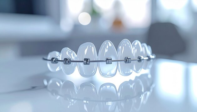 Close-up of a clear orthodontic dental brace system with metal wire on teeth