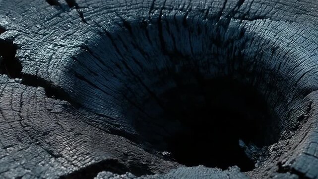 Close-up of weathered tree stump with deep center crack and textured surface