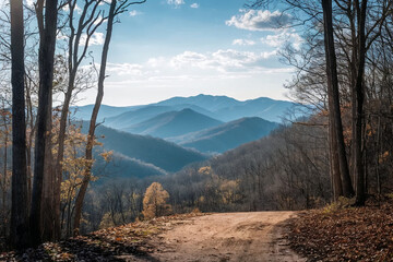 Scenic forest trail leading toward layered mountain ranges under a clear blue sky, with soft autumn tones and peaceful natural atmosphere. © AI illustration 