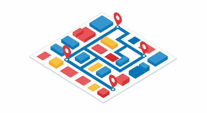 A colorful isometric map with locations marked.