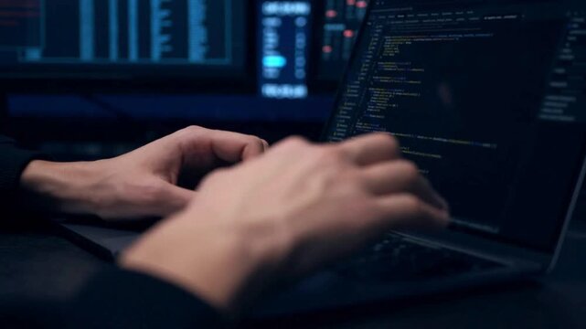 screen Coding Programmer man writing program HTML code sitting at workplace in office, lines of digital symbols running on screen IT specialist. UHD