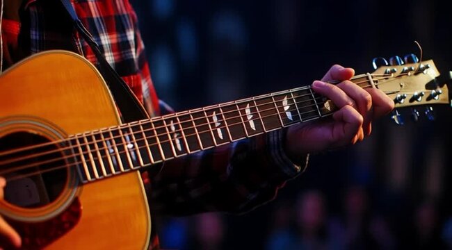 Close-up of a passionate musician performing on an acoustic guitar on a dimly lit stage during a live performance photo